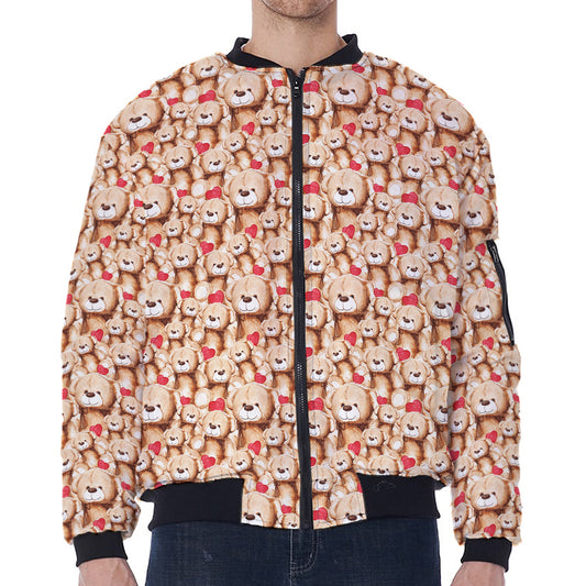 Lovely Teddy Bear Pattern Print Zip Sleeve Bomber Jacket