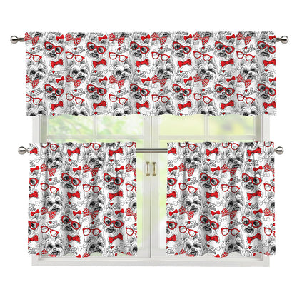 Lovely Yorkshire Terrier Pattern Print 3 Piece Kitchen Curtains