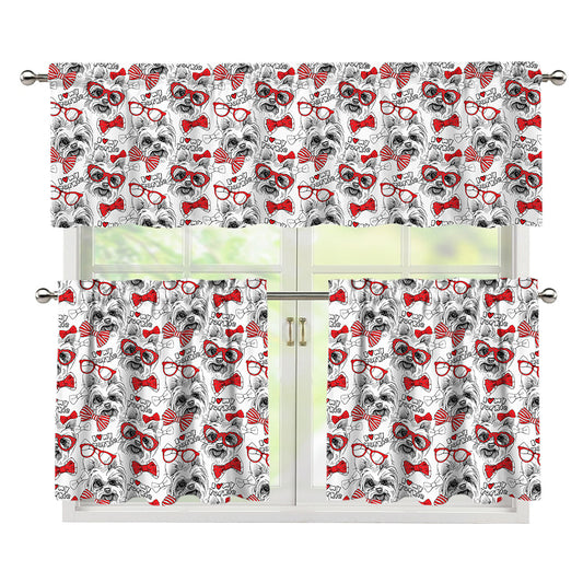 Lovely Yorkshire Terrier Pattern Print 3 Piece Kitchen Curtains
