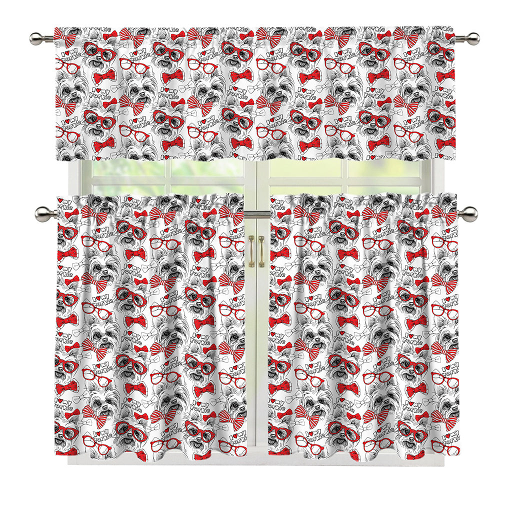 Lovely Yorkshire Terrier Pattern Print 3 Piece Kitchen Curtains