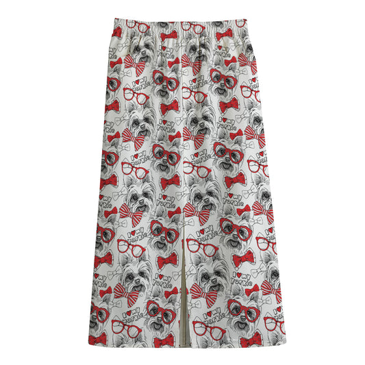 Lovely Yorkshire Terrier Pattern Print Cotton Front Slit Maxi Skirt