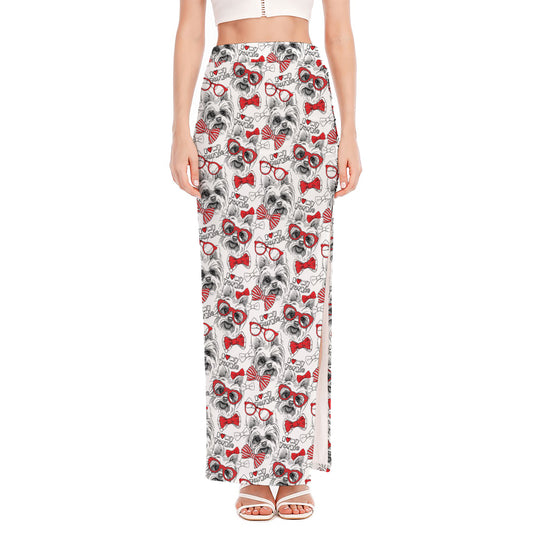 Lovely Yorkshire Terrier Pattern Print High Slit Maxi Skirt