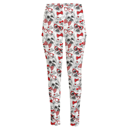 Lovely Yorkshire Terrier Pattern Print High-Waisted Pocket Leggings