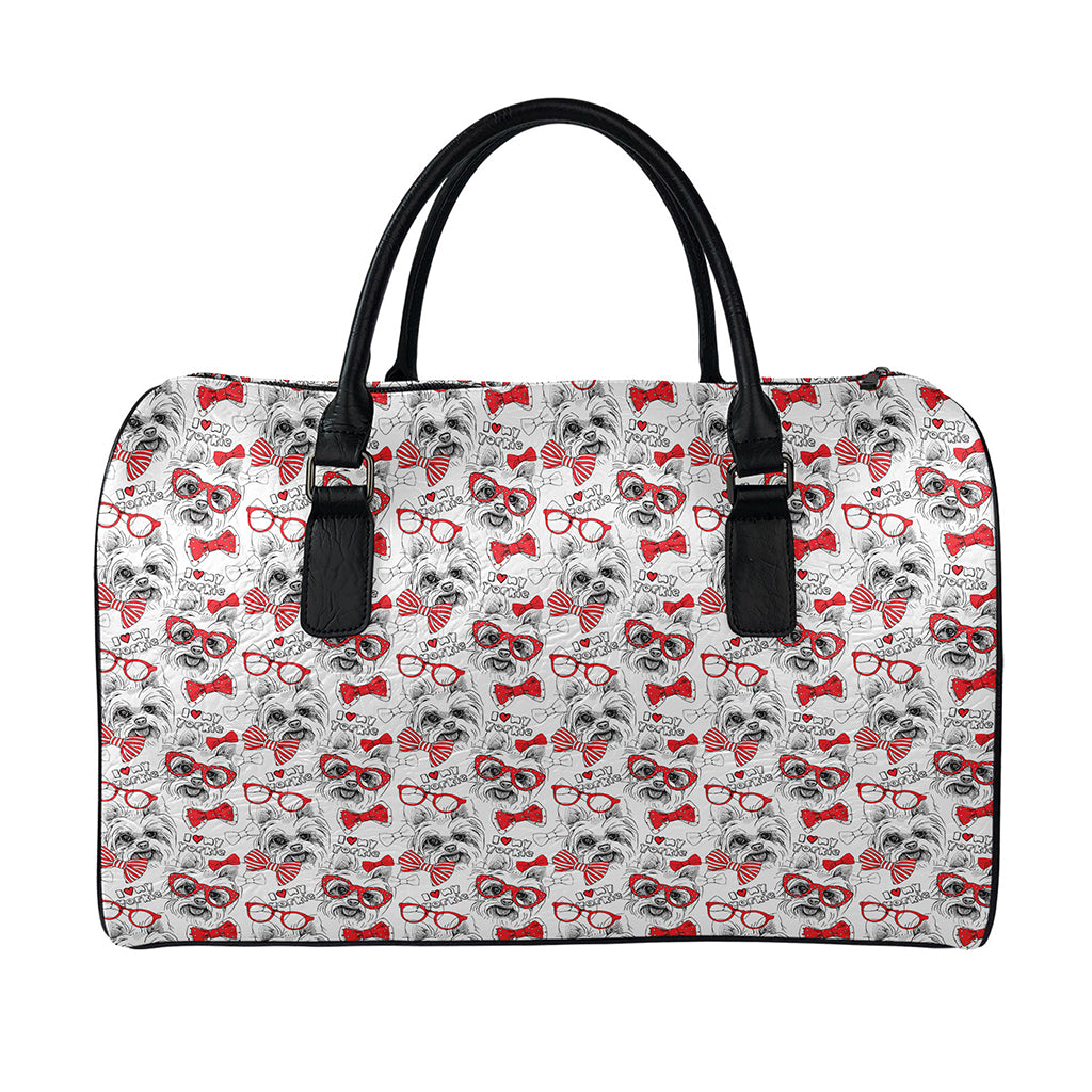 Lovely Yorkshire Terrier Pattern Print Leather Duffle Bag