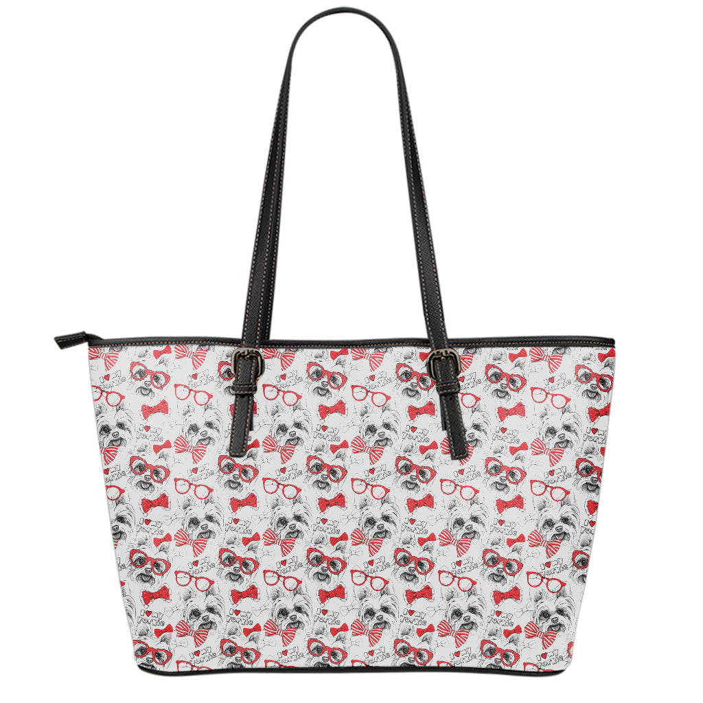 Lovely Yorkshire Terrier Pattern Print Leather Tote Bag