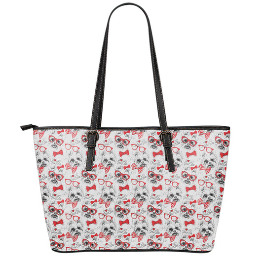 Lovely Yorkshire Terrier Pattern Print Leather Tote Bag
