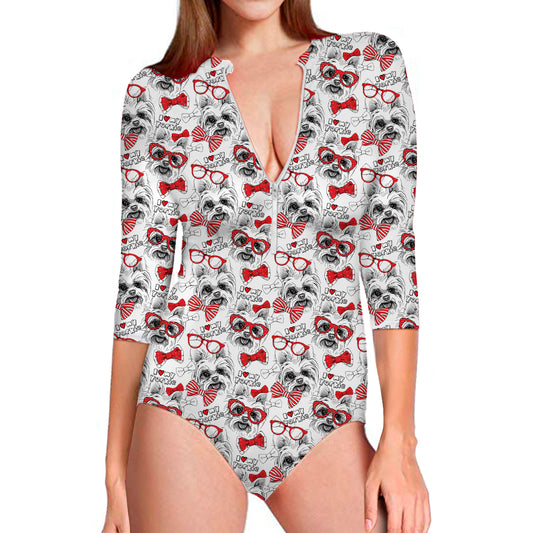 Lovely Yorkshire Terrier Pattern Print Long Sleeve Swimsuit