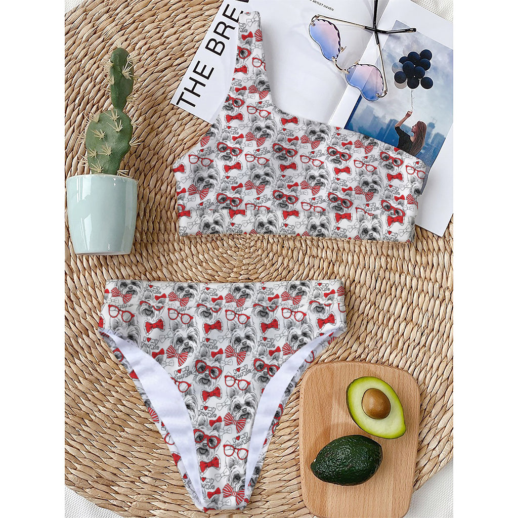Lovely Yorkshire Terrier Pattern Print One Shoulder Bikini Top