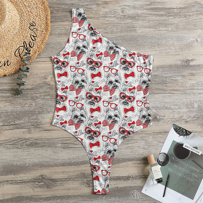 Lovely Yorkshire Terrier Pattern Print One Shoulder Bodysuit