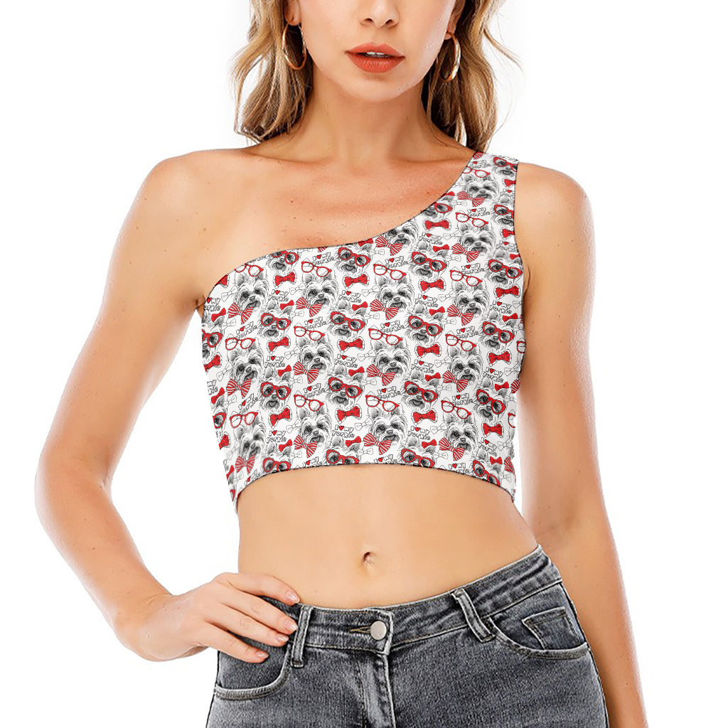 Lovely Yorkshire Terrier Pattern Print One Shoulder Crop Top