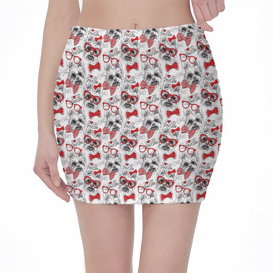 Lovely Yorkshire Terrier Pattern Print Pencil Mini Skirt
