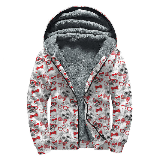 Lovely Yorkshire Terrier Pattern Print Sherpa Lined Zip Up Hoodie
