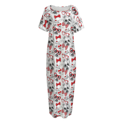 Lovely Yorkshire Terrier Pattern Print Short Sleeve Long Nightdress
