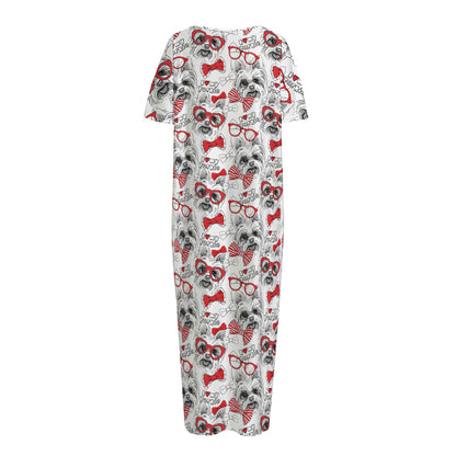 Lovely Yorkshire Terrier Pattern Print Short Sleeve Long Nightdress