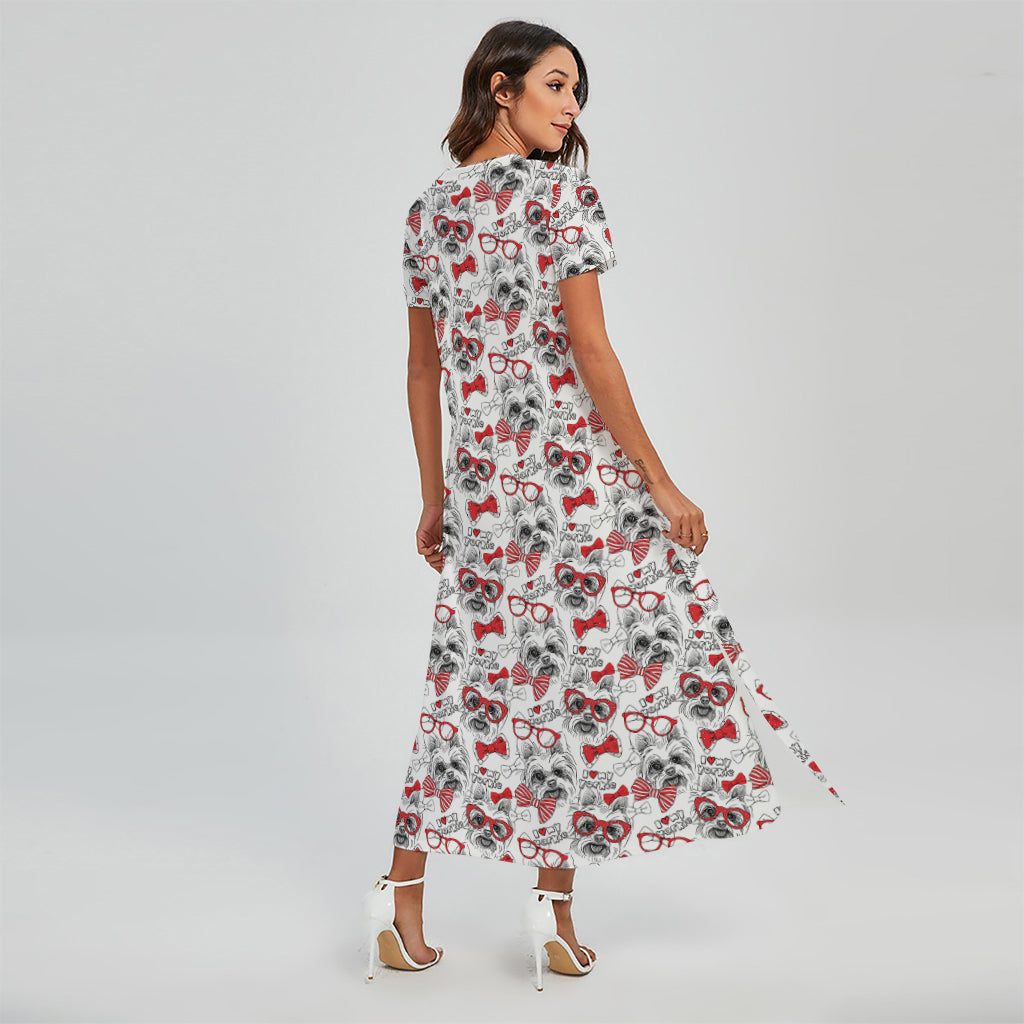 Lovely Yorkshire Terrier Pattern Print Short Sleeve Maxi Dress
