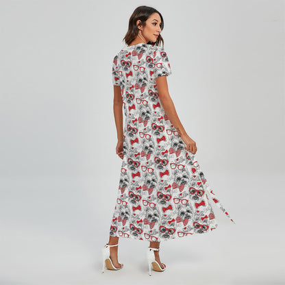 Lovely Yorkshire Terrier Pattern Print Short Sleeve Maxi Dress