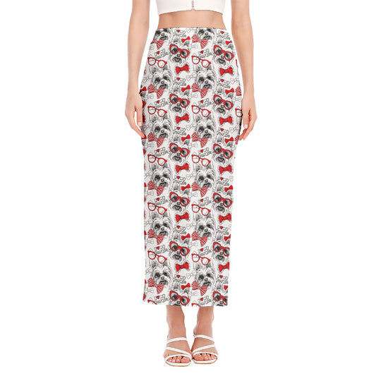 Lovely Yorkshire Terrier Pattern Print Side Slit Maxi Skirt