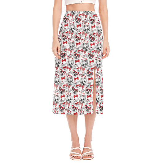 Lovely Yorkshire Terrier Pattern Print Side Slit Midi Skirt