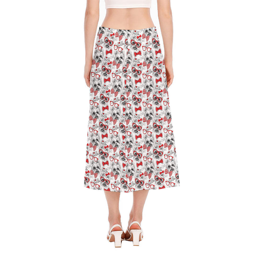Lovely Yorkshire Terrier Pattern Print Side Slit Midi Skirt