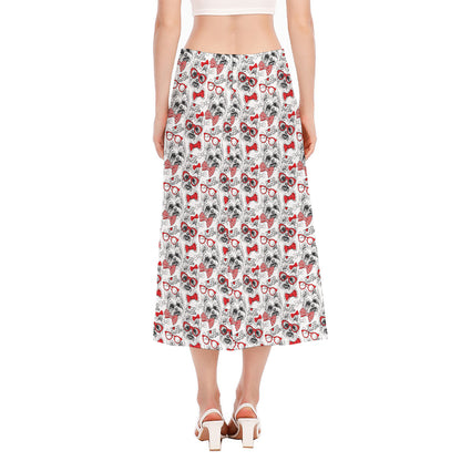 Lovely Yorkshire Terrier Pattern Print Side Slit Midi Skirt