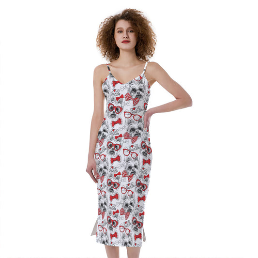 Lovely Yorkshire Terrier Pattern Print Slim Fit Midi Cami Dress