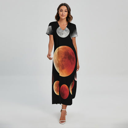 Lunar Eclipse Cycle Print Short Sleeve Maxi Dress