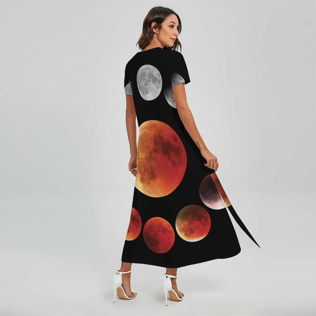 Lunar Eclipse Cycle Print Short Sleeve Maxi Dress