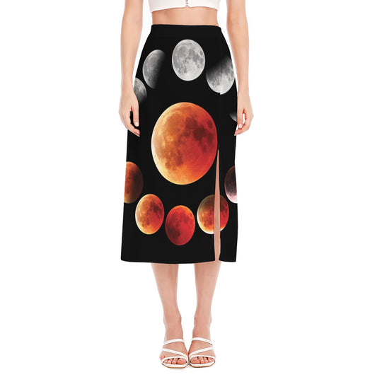 Lunar Eclipse Cycle Print Side Slit Midi Skirt
