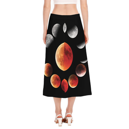 Lunar Eclipse Cycle Print Side Slit Midi Skirt