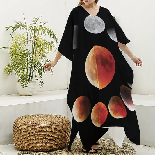 Lunar Eclipse Cycle Print Silk V-Neck Kaftan Dress
