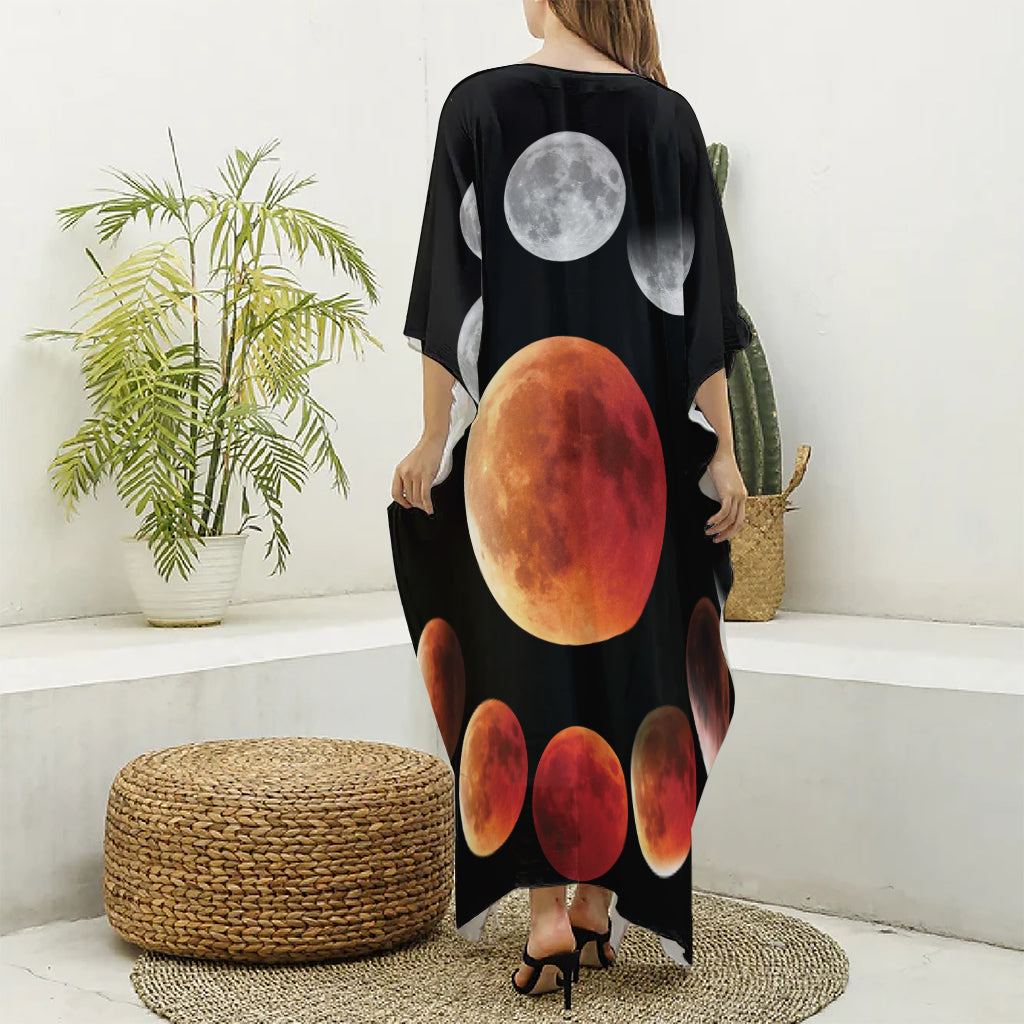 Lunar Eclipse Cycle Print Silk V-Neck Kaftan Dress