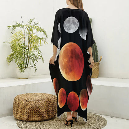 Lunar Eclipse Cycle Print Silk V-Neck Kaftan Dress