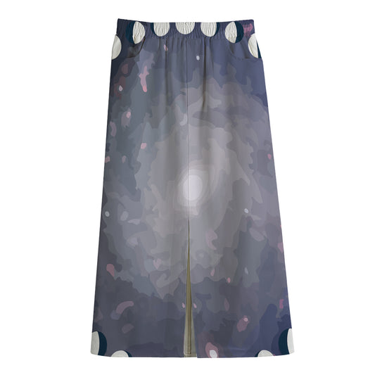Lunar Phase Cycle Print Cotton Front Slit Maxi Skirt