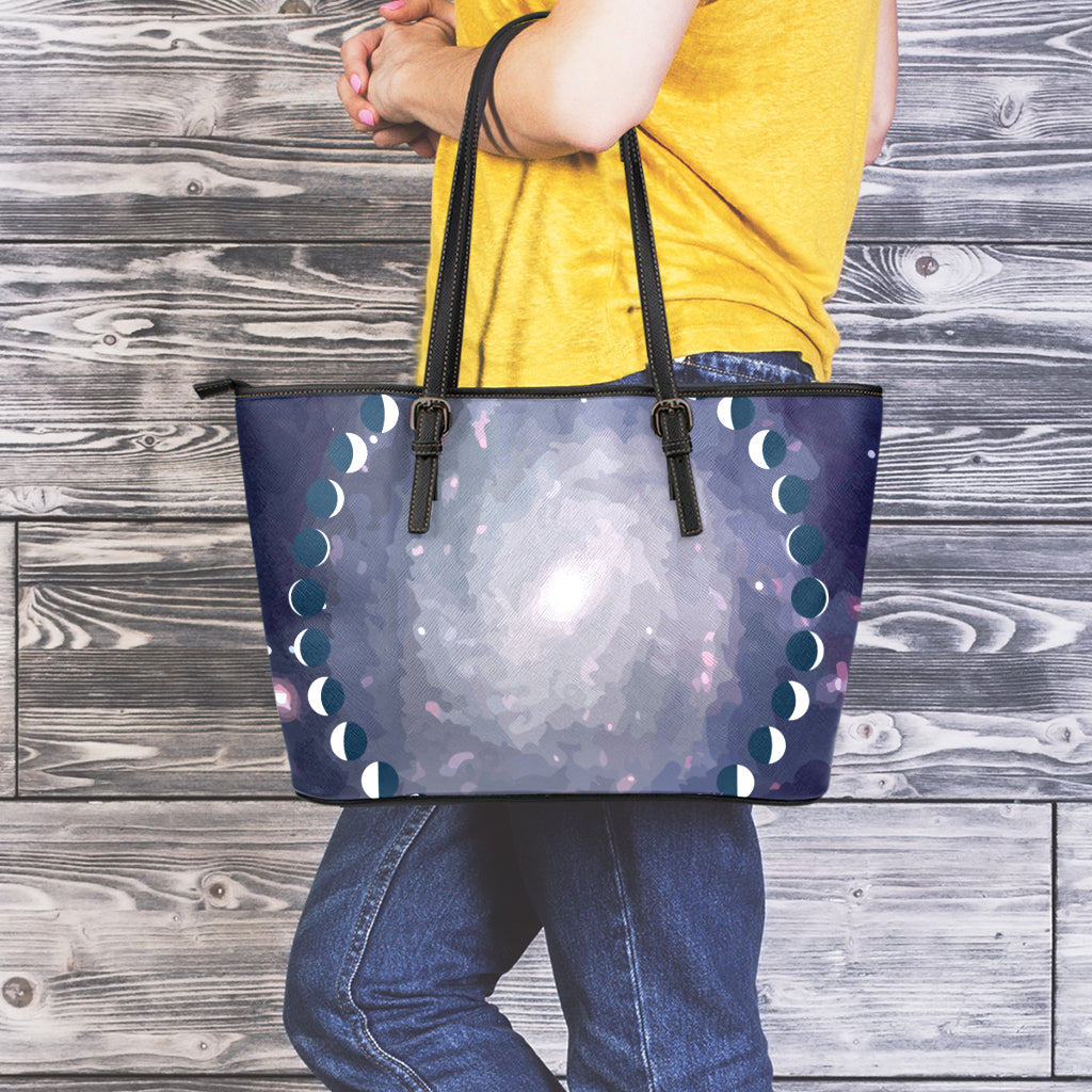 Lunar Phase Cycle Print Leather Tote Bag