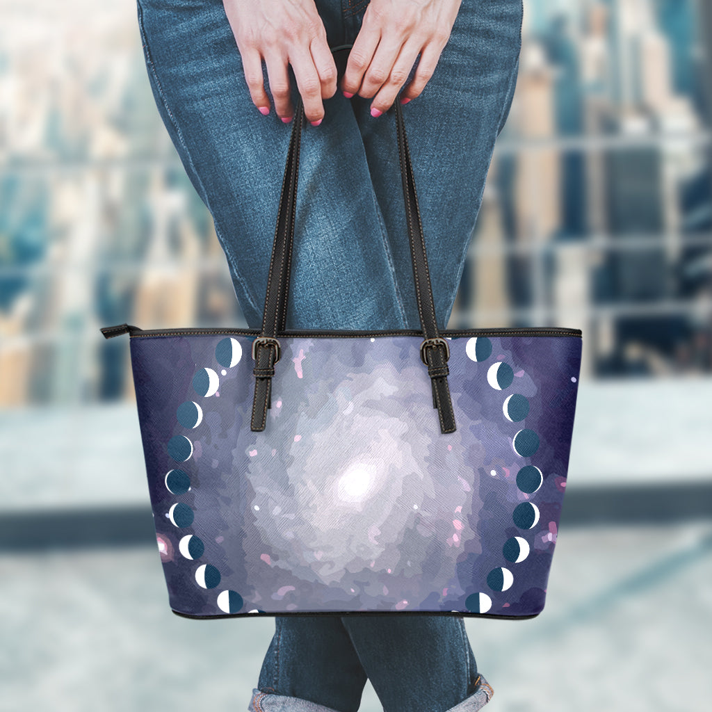 Lunar Phase Cycle Print Leather Tote Bag