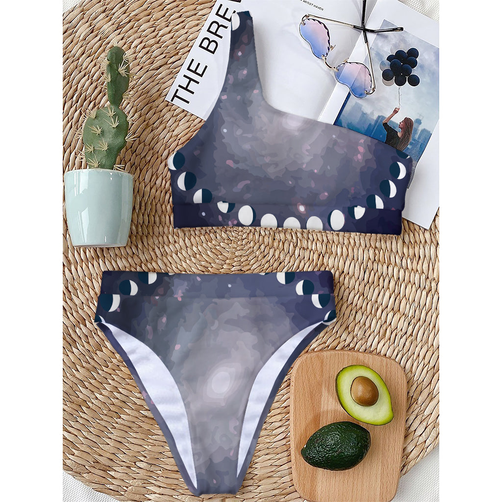 Lunar Phase Cycle Print One Shoulder Bikini Top