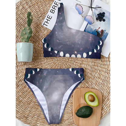 Lunar Phase Cycle Print One Shoulder Bikini Top