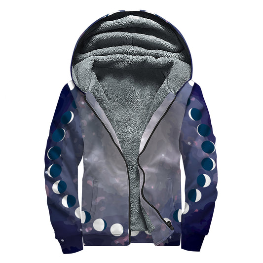 Lunar Phase Cycle Print Sherpa Lined Zip Up Hoodie