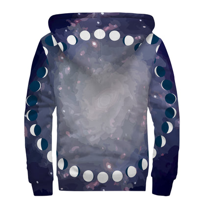 Lunar Phase Cycle Print Sherpa Lined Zip Up Hoodie