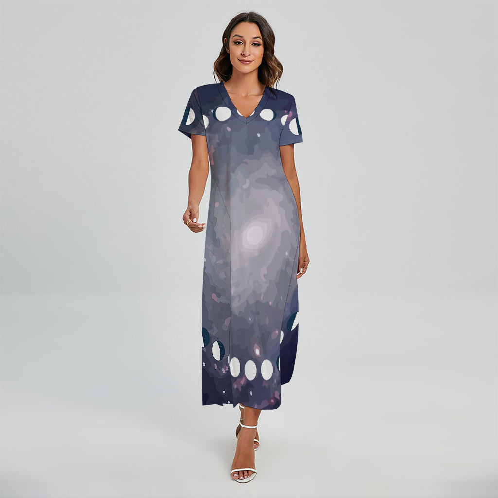 Lunar Phase Cycle Print Short Sleeve Maxi Dress