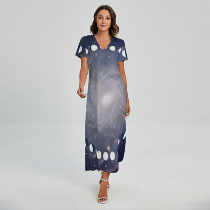 Lunar Phase Cycle Print Short Sleeve Maxi Dress