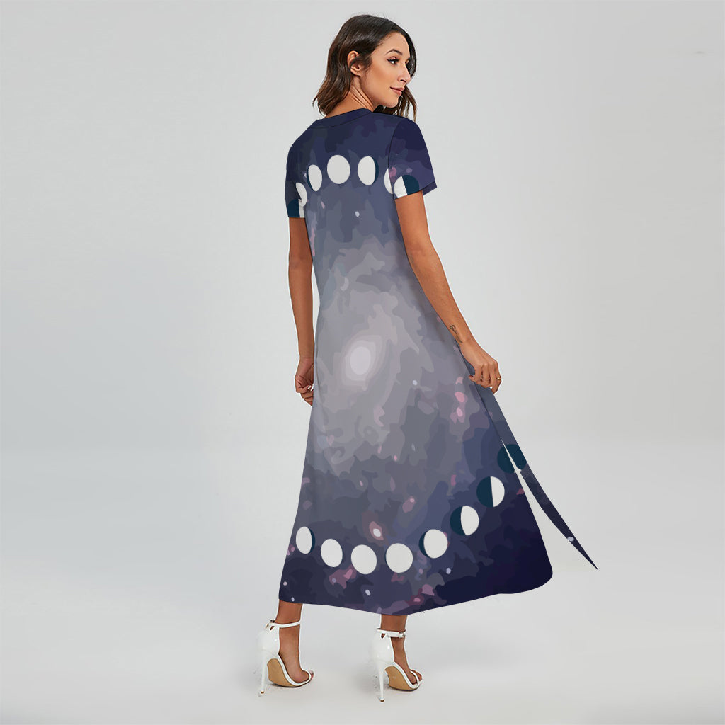 Lunar Phase Cycle Print Short Sleeve Maxi Dress