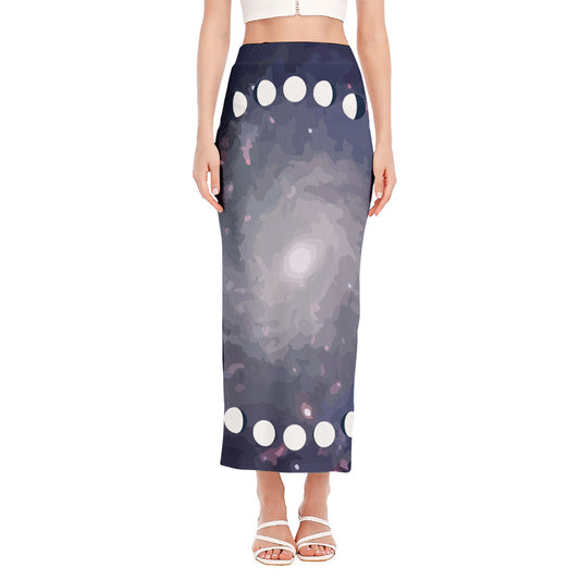 Lunar Phase Cycle Print Side Slit Maxi Skirt