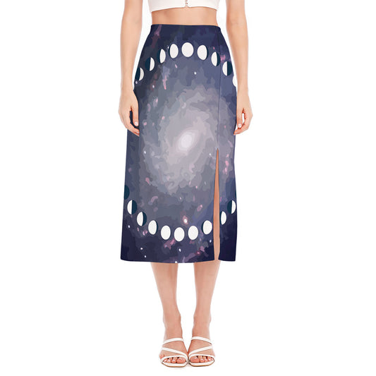 Lunar Phase Cycle Print Side Slit Midi Skirt
