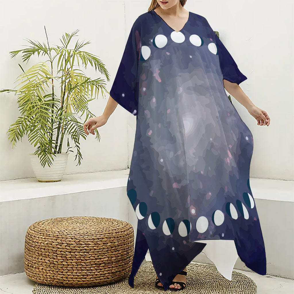 Lunar Phase Cycle Print Silk V-Neck Kaftan Dress