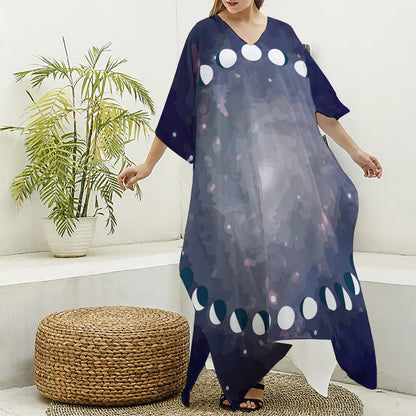Lunar Phase Cycle Print Silk V-Neck Kaftan Dress