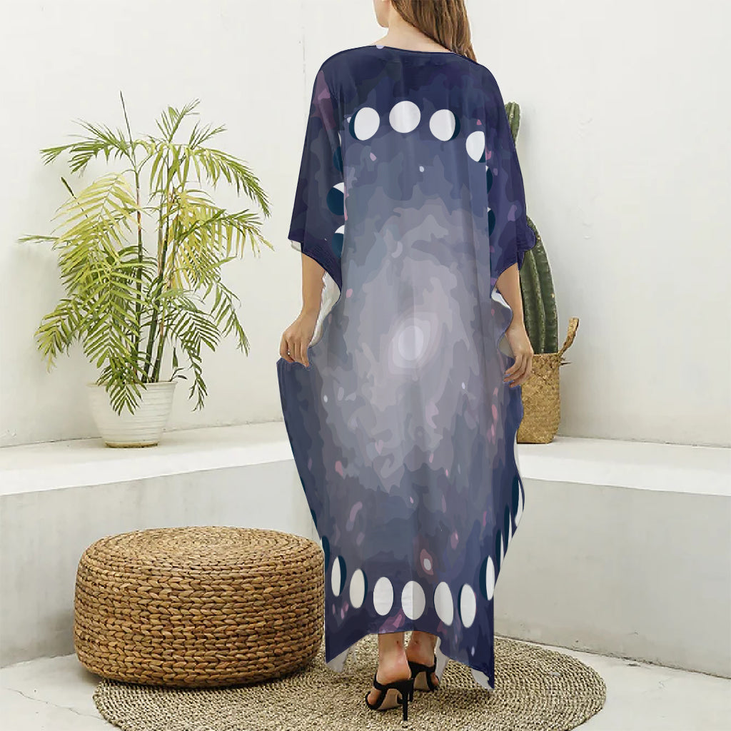 Lunar Phase Cycle Print Silk V-Neck Kaftan Dress