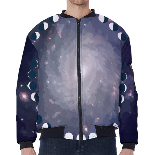Lunar Phase Cycle Print Zip Sleeve Bomber Jacket