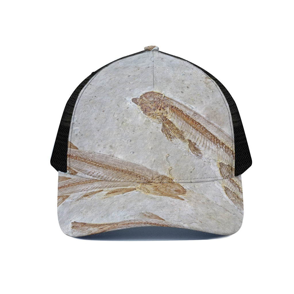 Lycoptera Fish Fossil Print Black Mesh Trucker Cap