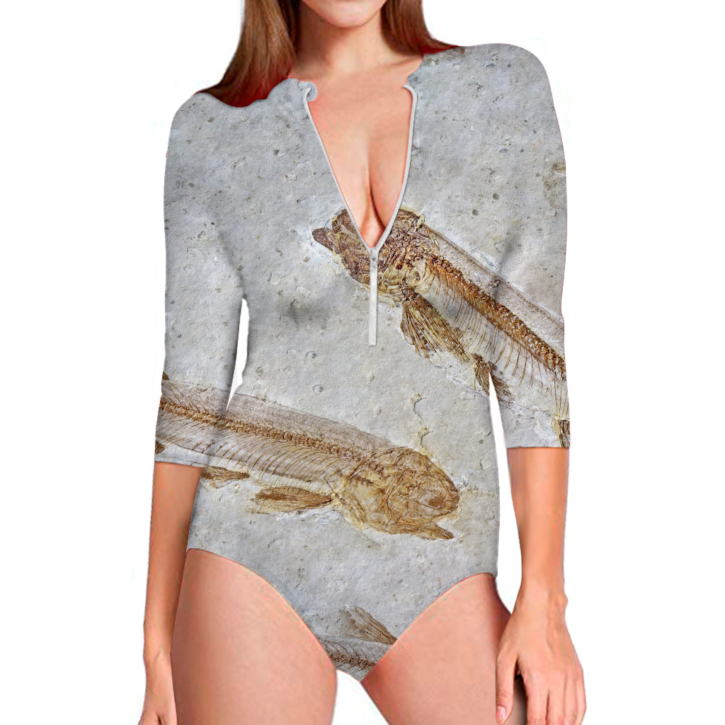 Lycoptera Fish Fossil Print Long Sleeve Swimsuit